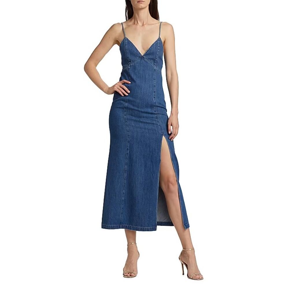 Alice + Olivia Julietta Slit Denim Midi Dress avery blue jean size 2 NWT - Picture 6 of 13